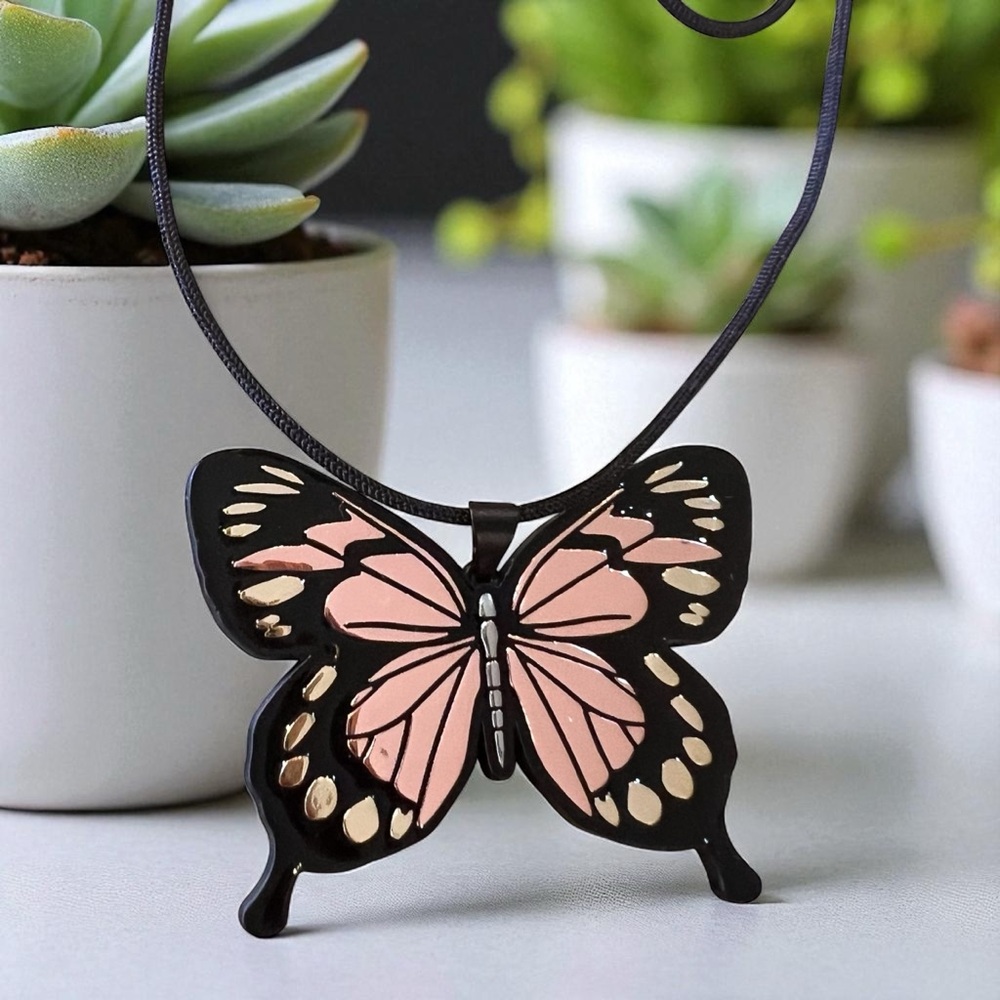 Chic Black Rose Gold and Gold Toned Wrap Butterfly Pendant Necklace - Picture 9 of 17